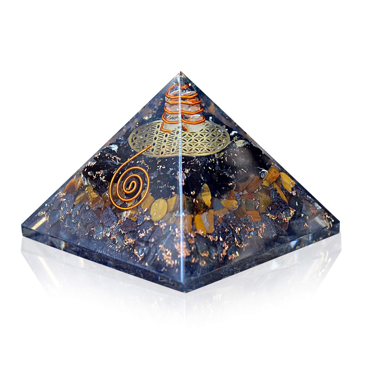 81jgxnHE9hL._SL1500_.jpg Orgonite Crystal Triple Protection Orgone Pyramid with Black Tourmaline, Tiger Eye and Hematite Crystal – Flower of Life Pyramid for Spiritual Healing, Meditation, Yoga, Reiki Gift, Office, Home Décor - Image 1