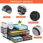 Marbrasse 3 Tier Mesh Desk Organizer with Drawer, Multi-Functional Desk Organizers and Accessories, Paper Letter Organizer with 2 Pen Holder for Home Office Supplies (Black) - Image 3