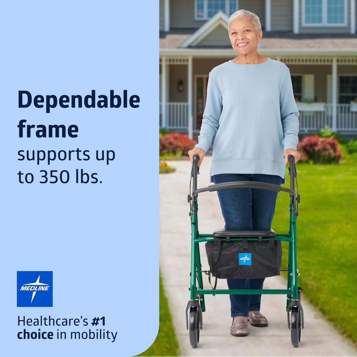 Medline Steel Rollator Walker for Adult Mobility Impairment, Green, 350 lb. Weight Capacity, 8” Wheels, Foldable, Adjustable Handles, Rolling Walker for Seniors - Image 2