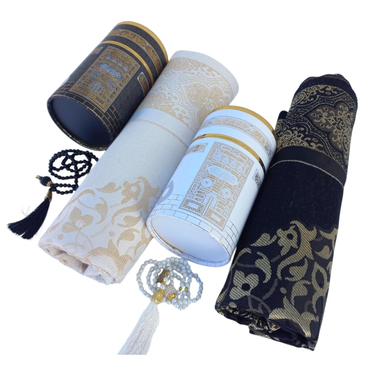 SAIKA Muslim prayer rug, Two Prayer mats and Prayer Beads with Kaaba Design Cylinder Gift Box,Islamic Gifts, Janamaz, Sajadah - Image 1