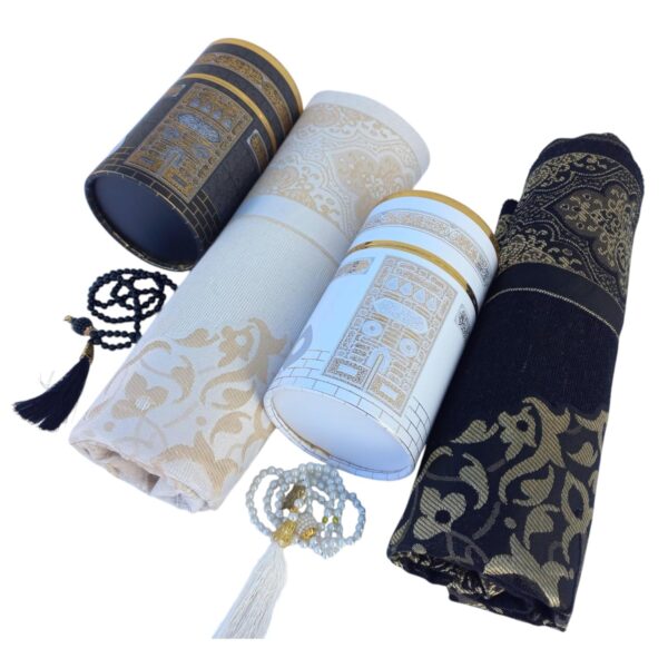 SAIKA Muslim prayer rug, Two Prayer mats and Prayer Beads with Kaaba Design Cylinder Gift Box,Islamic Gifts, Janamaz, Sajadah