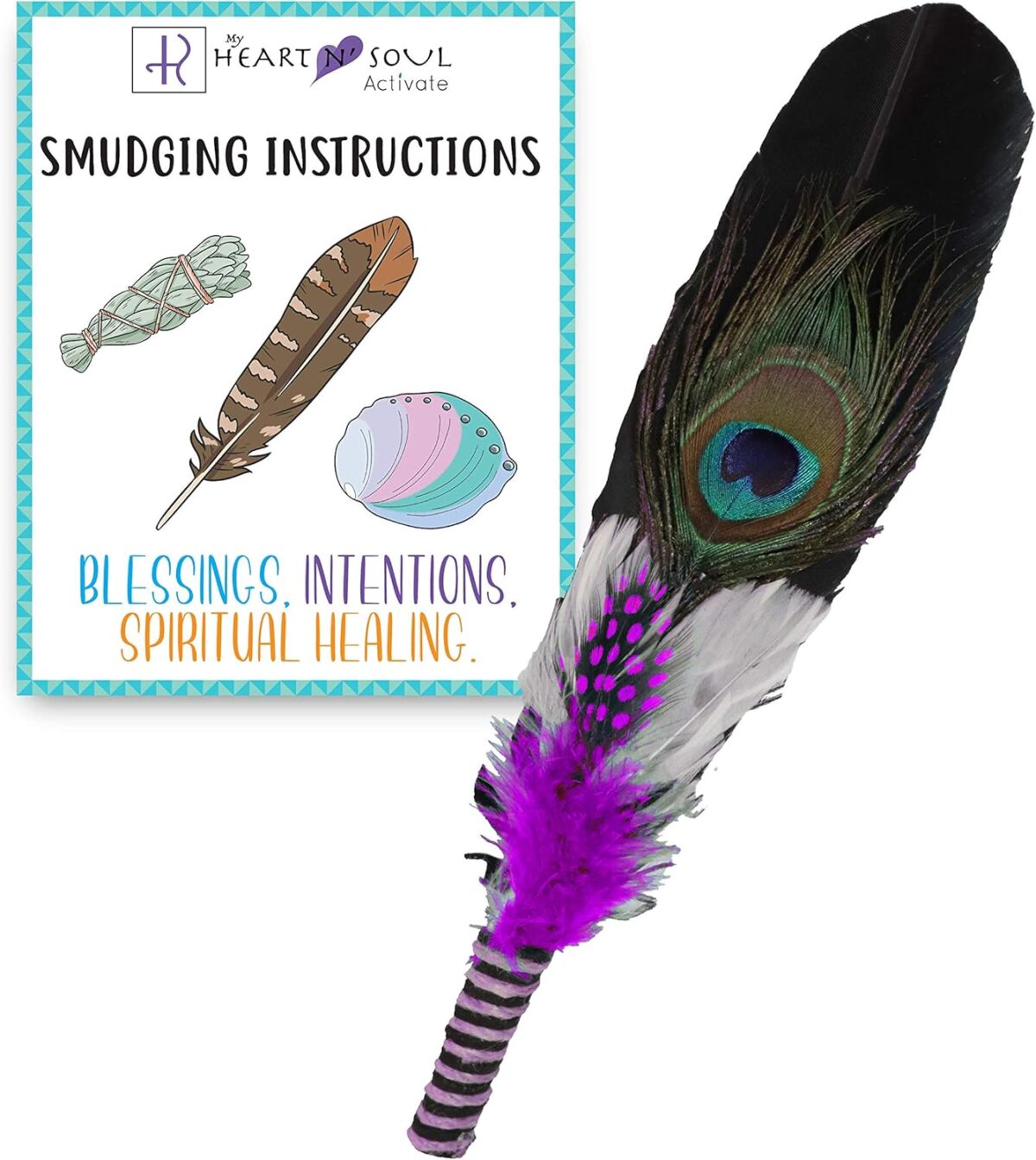 Smudge Feather, Turkey and Peacock, Unique Homecrafted Energy Cleansing Clearing Spiritual Practice House Smudging - Detailed Instructions for Beginners (Purple) - Image 1