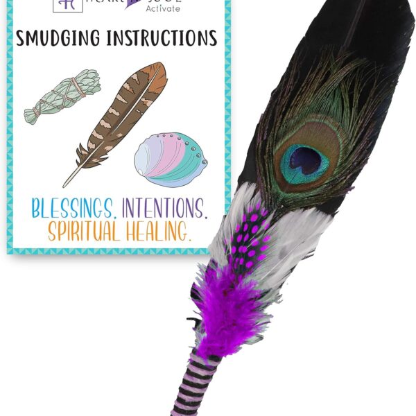 Smudge Feather, Turkey and Peacock, Unique Homecrafted Energy Cleansing Clearing Spiritual Practice House Smudging - Detailed Instructions for Beginners (Purple)