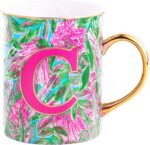 Lilly Pulitzer Initial Ceramic Coffee Mug, 14 Oz Tea Cup, Cute Mug with Gold Handle and Gift Box, C (Coming In Hot)