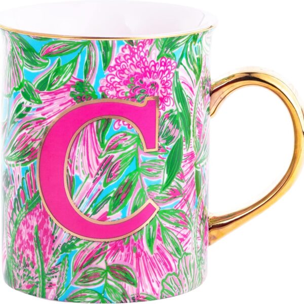 Lilly Pulitzer Initial Ceramic Coffee Mug, 14 Oz Tea Cup, Cute Mug with Gold Handle and Gift Box, C (Coming In Hot)