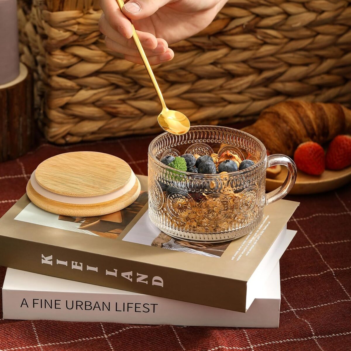 LANDNEOO 4pcs Set Vintage Coffee Mugs gifts for women, Overnight Oats Containers with Bamboo Lids and Spoons - 14oz Clear Embossed Glass Cups, Cute Coffee Bar Accessories, Iced Coffee Glasses - Image 5