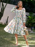 Amegoya Women's Boho Flowy Long Sleeve Square Neck Floral Midi Dress Smocked Spring Fall Wedding Guest Dresses - Image 2