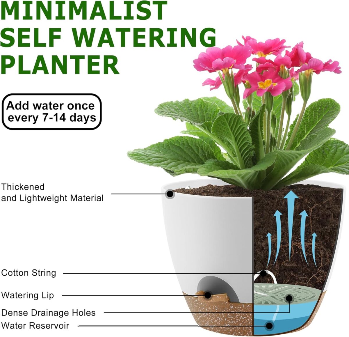 Plant Pots 10/9/8/7.5/7 Inch Self Watering Pots, Set of 5 Plastic Planters with Drainage Holes and Saucers,Plastic Flower Pots,Nursery Planting Pot for Indoor Out Door Plants（White） - Image 4