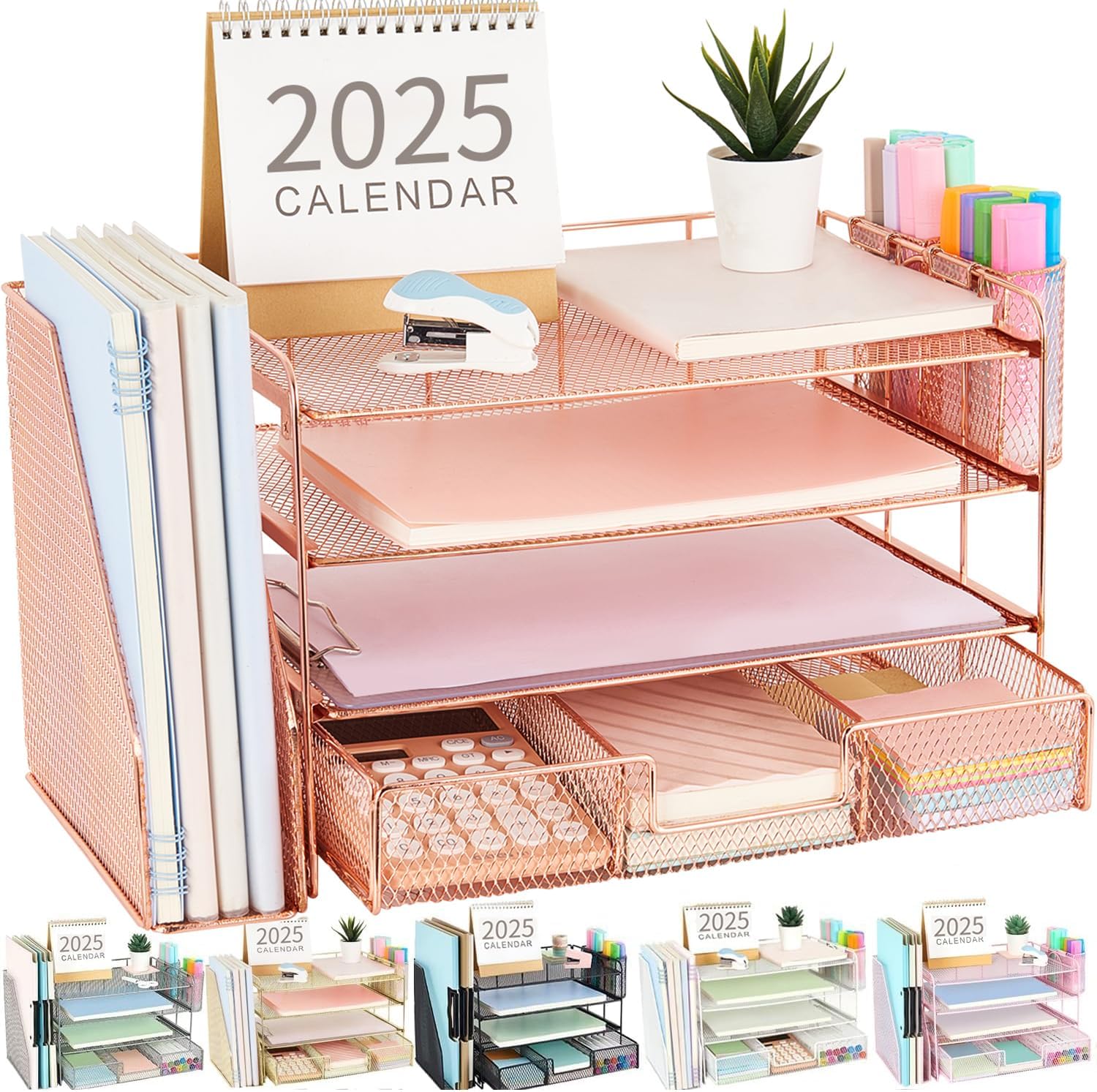 81lcvcnmzoL._AC_SL1500_.jpg gianotter Paper Letter Tray Organizer with File Holder, 4-Tier Desk Accessories & Workspace Desk Organizers with Drawer and 2 Pen Holder for Office Supplies (Rose Gold) - Image 1