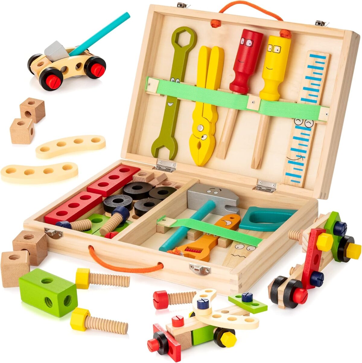 KIDWILL Kids Tool Set with Tool Box & DIY Stickers, Pretend Play STEM Construction Kits for Toddlers 3-5, Montessori Toys for 3 4 5 Year Old, Wooden Play Tools Set, Toddler Boy Toys - Image 1