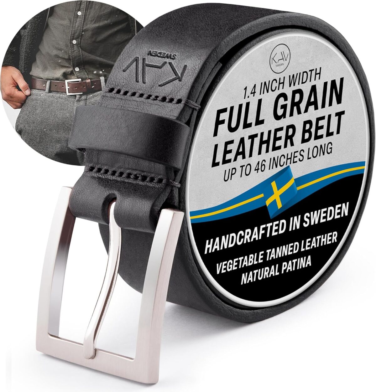 Stala - Mens Leather Belt - 1.4" Handmade in Sweden with Italian Full Grain Leather, black leather belt men - Image 1