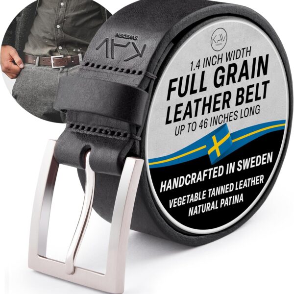 Stala - Mens Leather Belt - 1.4" Handmade in Sweden with Italian Full Grain Leather, black leather belt men