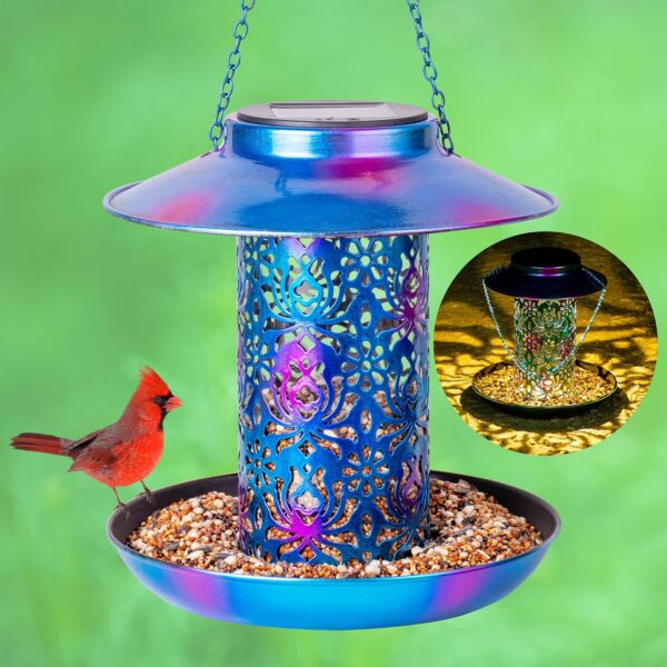 Ottsuls Solar Bird Feeder for Outdoors Hanging, Metal Wild Cardinals Garden Lantern with S Hook, Weatherproof and Water Resistant Birdfeeders as Gift Idea for Women Mom Grandma Bird Lovers (Blue)