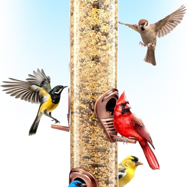 Bird Feeder for Outdoors (Brushed Copper) Squirrel Proof Hanging Bird Feeder with Locking Lid & Adjustable Hanger, Chew-Proof, Weather Resistant 14 Inches 4 Port