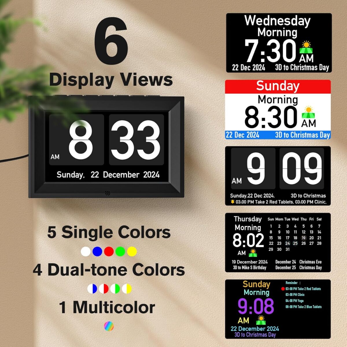 GOLOZA 7'' Digital Calendar Clock, Talking Clock with 10 Volumes, 6 Display with 10 Color Modes, Auto Dimmable, Alarms & Birthday & Holiday Reminders, 3 Pill Reminders Clocks for Kids Adults Seniors - Image 5