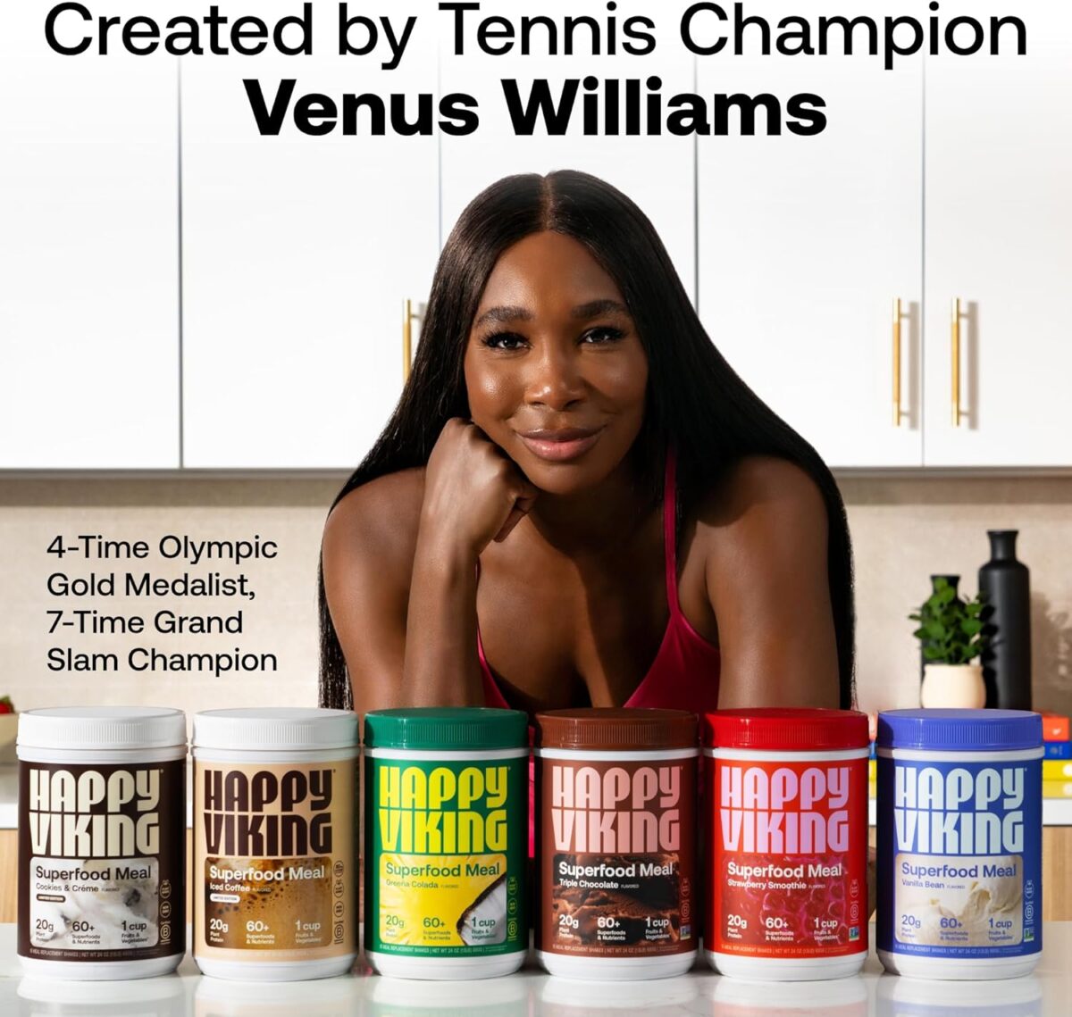 Happy Viking Triple Chocolate Protein + Superfoods Powder, Created by Venus Williams, 20G Protein, Low Carb, Keto, Vegan, Gluten-Free, Non-GMO, Complete Meal Replacement, 1 Canister (24 oz.) - Image 2