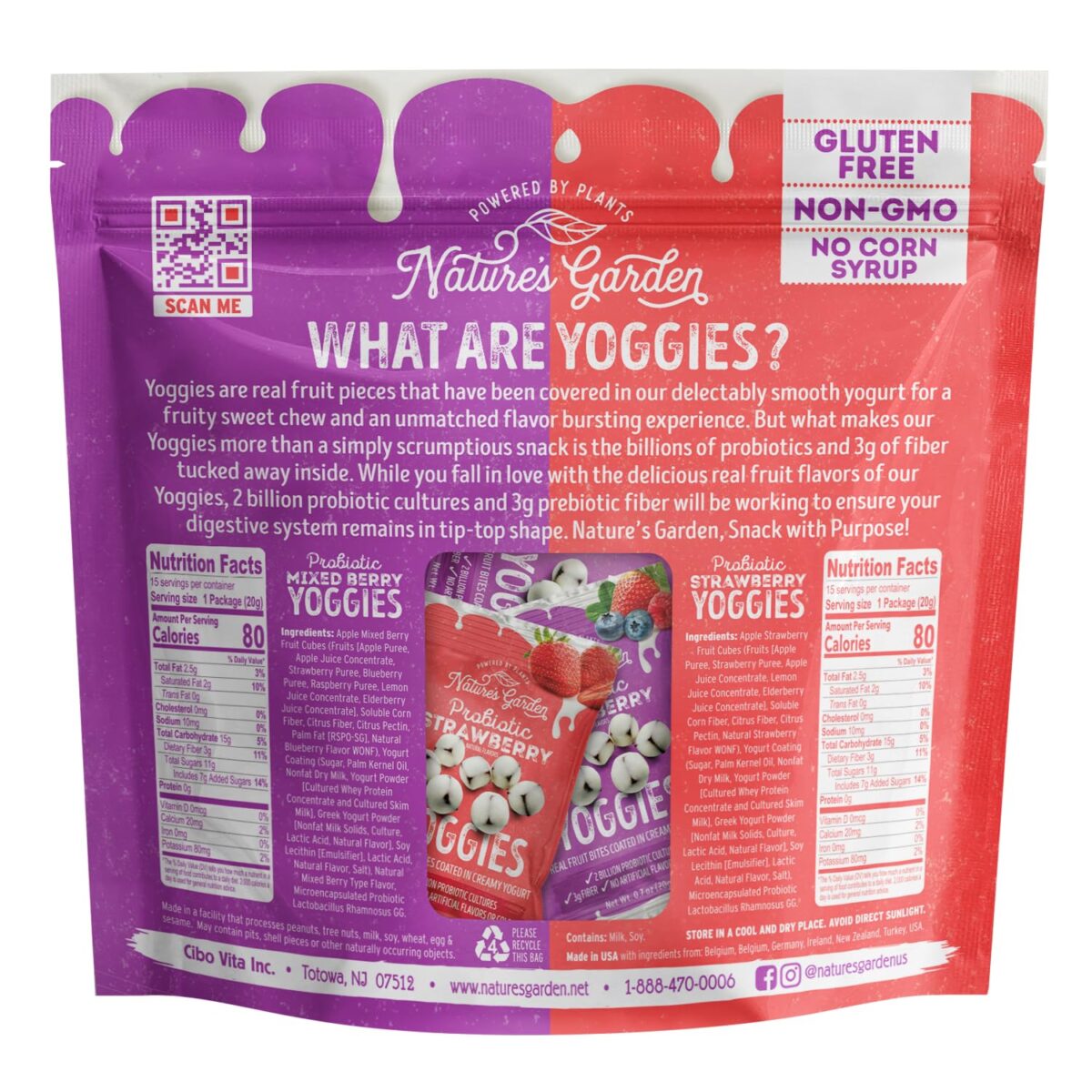 Nature's Garden Probiotic Yoggies Multi Pack, 21oz (Strawberry Yoggies 15x0.7 oz +Mixed Berry Yoggies 15x0.7 oz), Strawberry and Mixed Berry Yogurt Covered Snack, High Fiber, Real Fruit Pieces, No Artificial Ingredients, Healthy Snack for Adults - Image 2