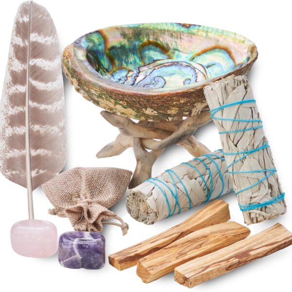 Home Cleansing & Smudging Kit with White Sage, Palo Santo, Abalone & Stand, Smudge Feather & Guide - Smudge Kit with Sage Smudge Sticks