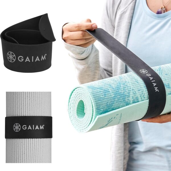 Gaiam Yoga Mat Strap Slap Band - Keeps Your Mat Tightly Rolled and Secure with One Snap - Strong Clasp for Yoga Mat Storage and Travel - Fits Most Size Mats (20"L x 1.5"W), Black