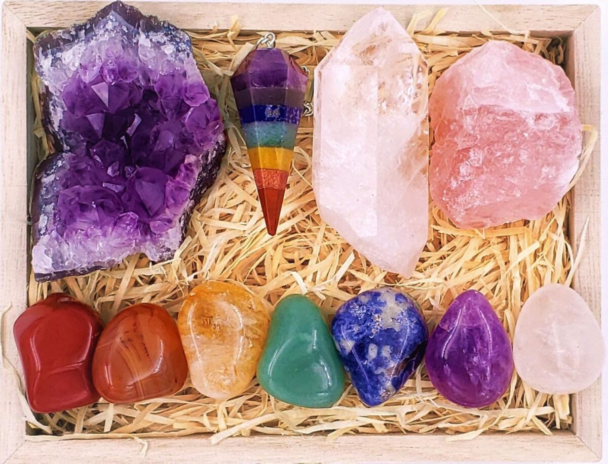 Premium Crystals and Healing Stones Premium Kit in Wooden Box - 7 Chakra Stones Healing Set, Rose Quartz, Amethyst Cluster, Quartz Points, Chakra Pendulum, EBook, Poster, Made-in-USA, Gift Ready - Image 1