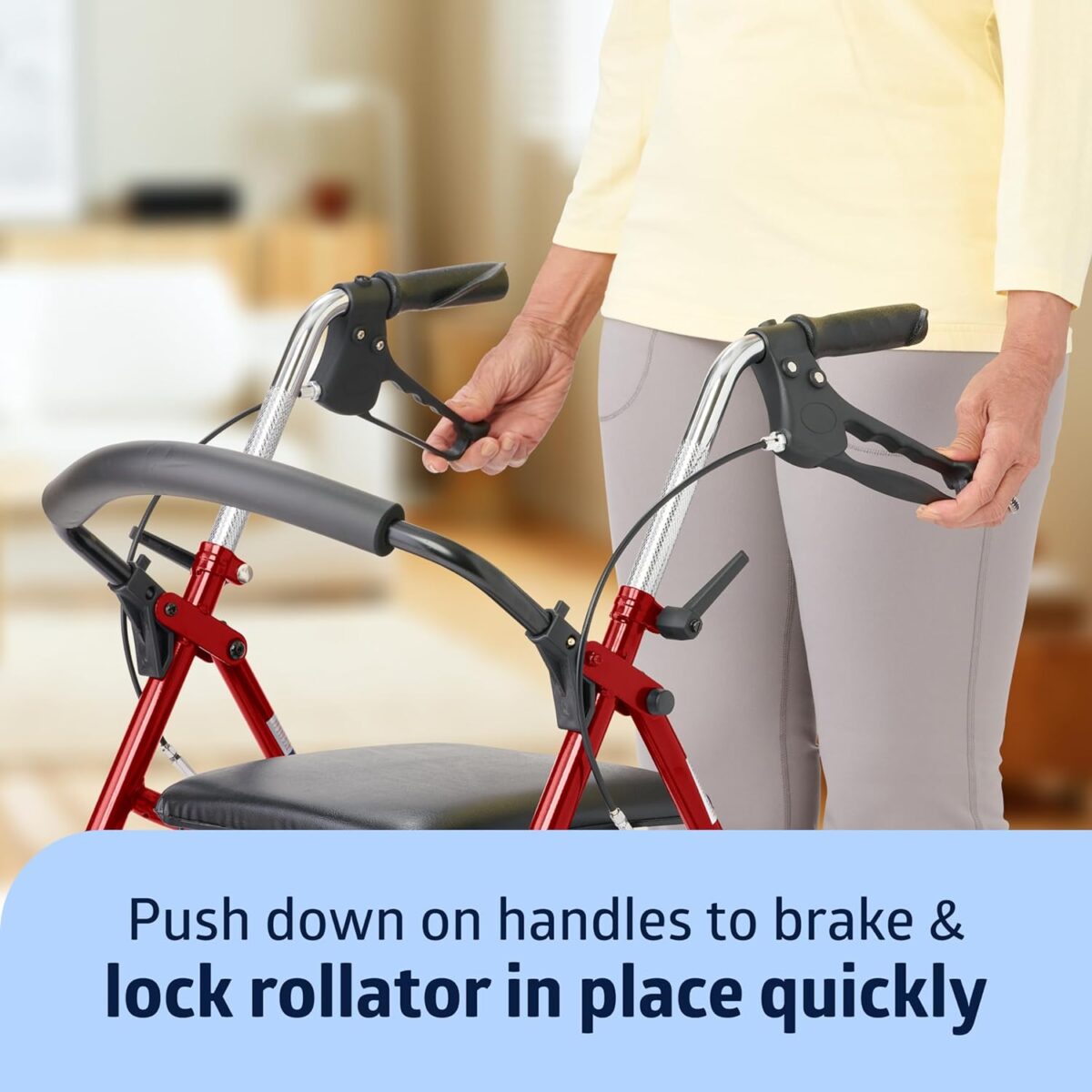 Medline Steel Rollator Walker with Seat, Red, 300 lb. Weight Capacity, 8” Wheels, Foldable, Adjustable Handles, for Seniors, for Mobility Impairment - Image 6