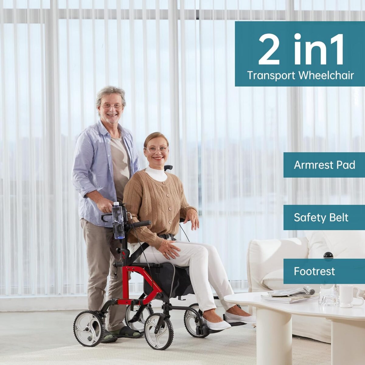 ELENKER 2 in 1 Rollator Walker & Transport Chair, Folding Wheelchair with 10” Non-Slip Wheels for Seniors, Reversible Backrest & Detachable Footrests, red - Image 2