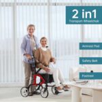 ELENKER 2 in 1 Rollator Walker & Transport Chair, Folding Wheelchair with 10” Non-Slip Wheels for Seniors, Reversible Backrest & Detachable Footrests, red - Image 2