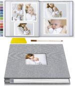 Popotop Photo Album Self Adhesive with Picture Display Window,40 Pages DIY Baby Memory Book for 4x6 8x10 Picture,Linen Cover Scrapbook for Wedding,with Scraper and Metallic Pen