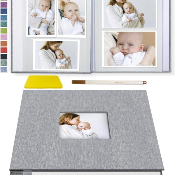Popotop Photo Album Self Adhesive with Picture Display Window,40 Pages DIY Baby Memory Book for 4x6 8x10 Picture,Linen Cover Scrapbook for Wedding,with Scraper and Metallic Pen