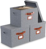 3 Pack Large Fabric Storage Bins with Lid - Decorative Box with Lid, Label Holder, Faux Handles - Large Decorative Storage Boxes with Lids for Organizing Clothes, Blankets - Steel Gray