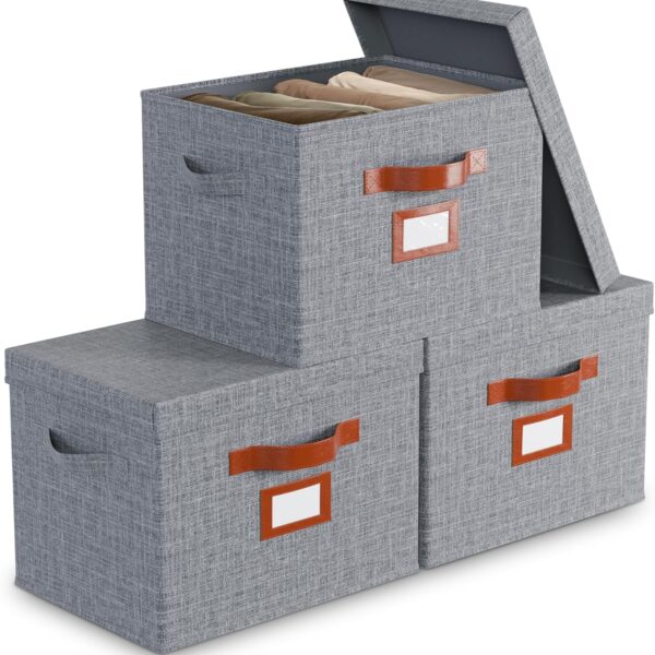 3 Pack Large Fabric Storage Bins with Lid - Decorative Box with Lid, Label Holder, Faux Handles - Large Decorative Storage Boxes with Lids for Organizing Clothes, Blankets - Steel Gray