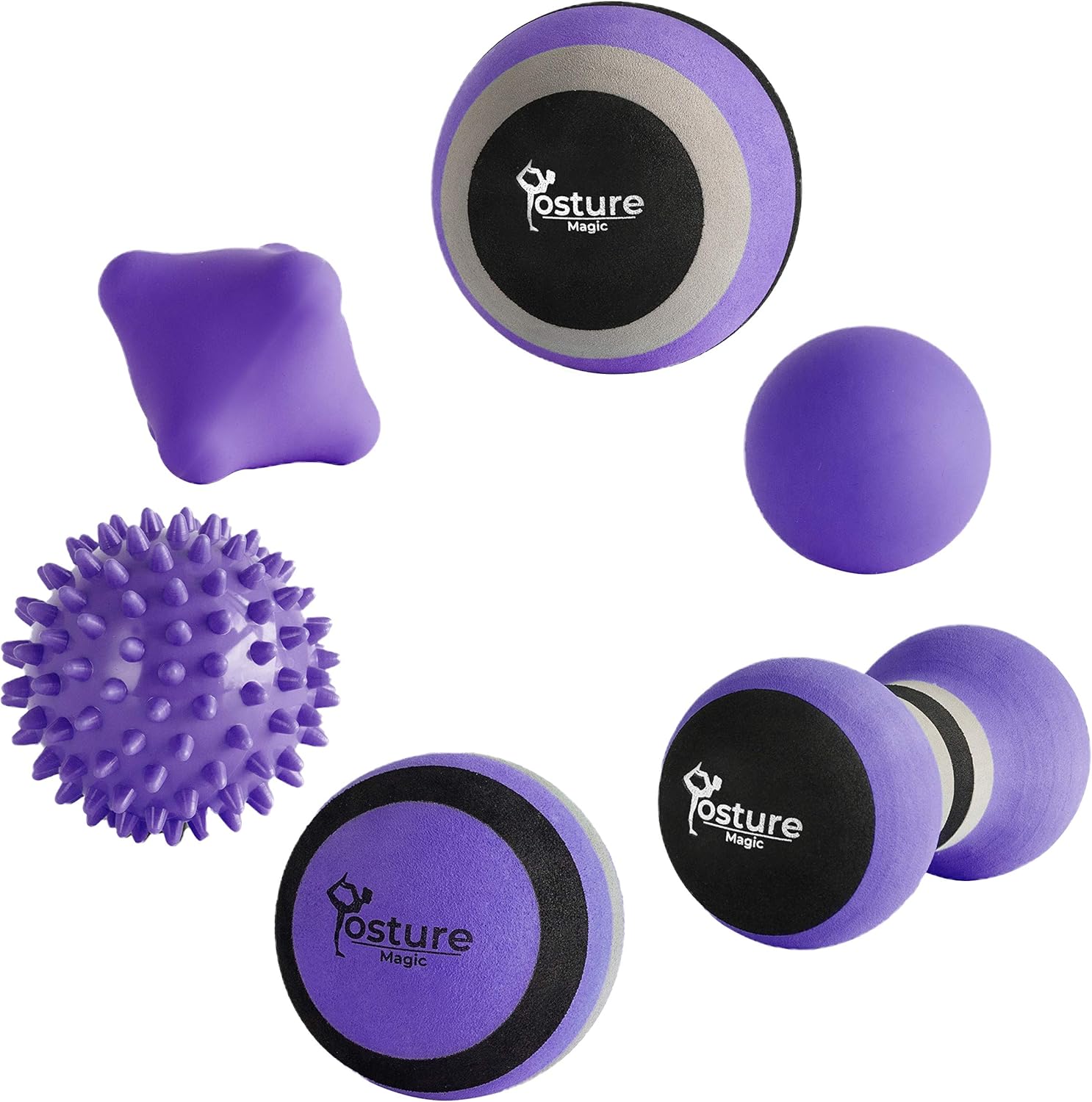 81p8BLX8EL._AC_SL1500_.jpg Posture Magic Massage Ball Kit for Myofascial Trigger Point Release & Deep Tissue Massage - Set of 6 - Large Foam/Small Foam/Lacrosse/Peanut/Spiky/Hand Exercise Ball (Purple) - Image 1