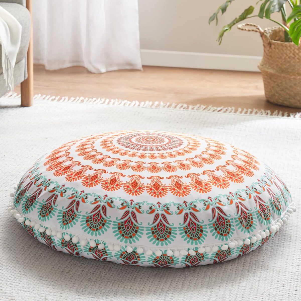 Codi Meditation Floor Pillow, Round Large Pillows Seating for Adults, Bohemian Mandala Circle Cushion for Outdoor Fireplace Yoga Living Room, 32 Inch, Memory Foam Added, Coral - Image 1