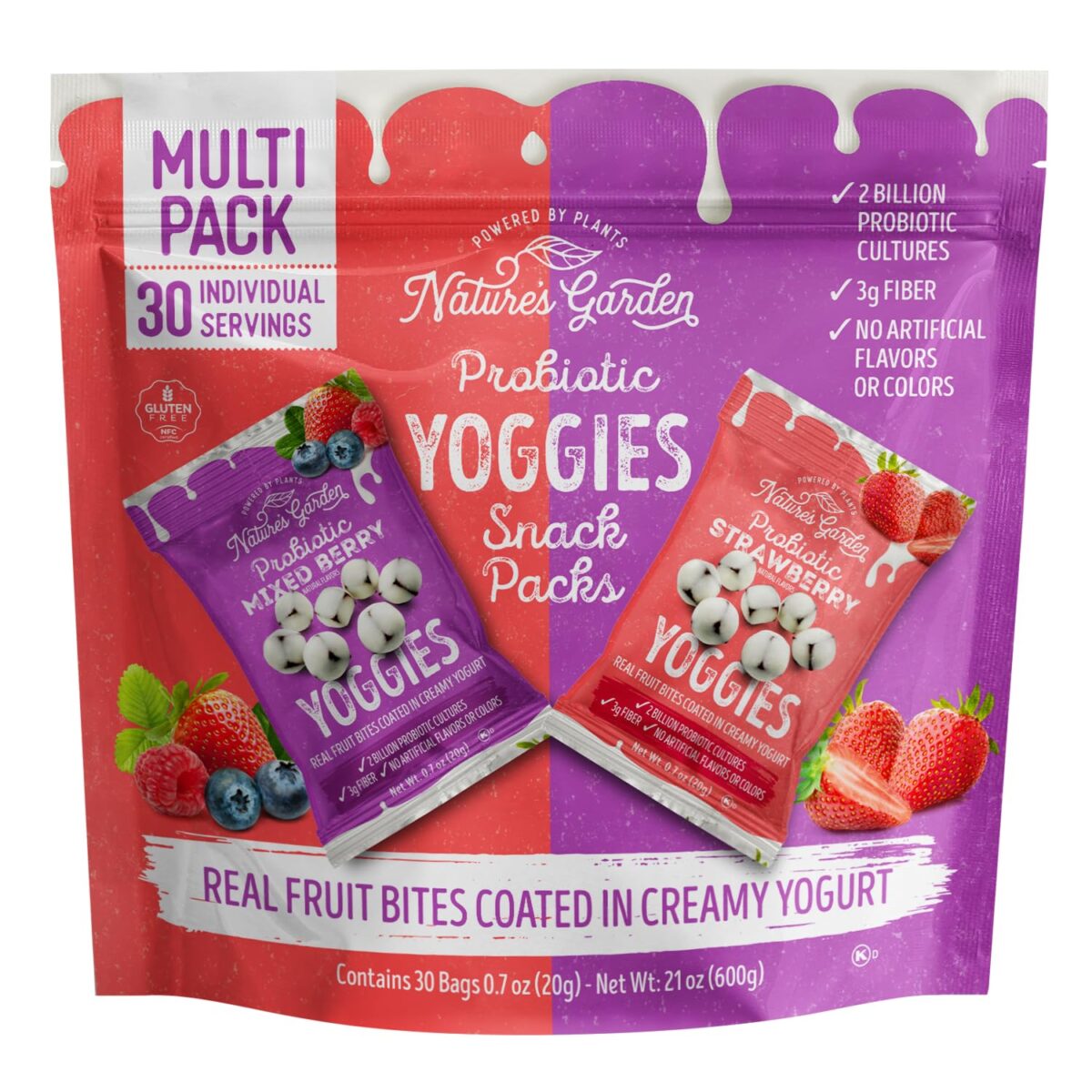 Nature's Garden Probiotic Yoggies Multi Pack, 21oz (Strawberry Yoggies 15x0.7 oz +Mixed Berry Yoggies 15x0.7 oz), Strawberry and Mixed Berry Yogurt Covered Snack, High Fiber, Real Fruit Pieces, No Artificial Ingredients, Healthy Snack for Adults - Image 1