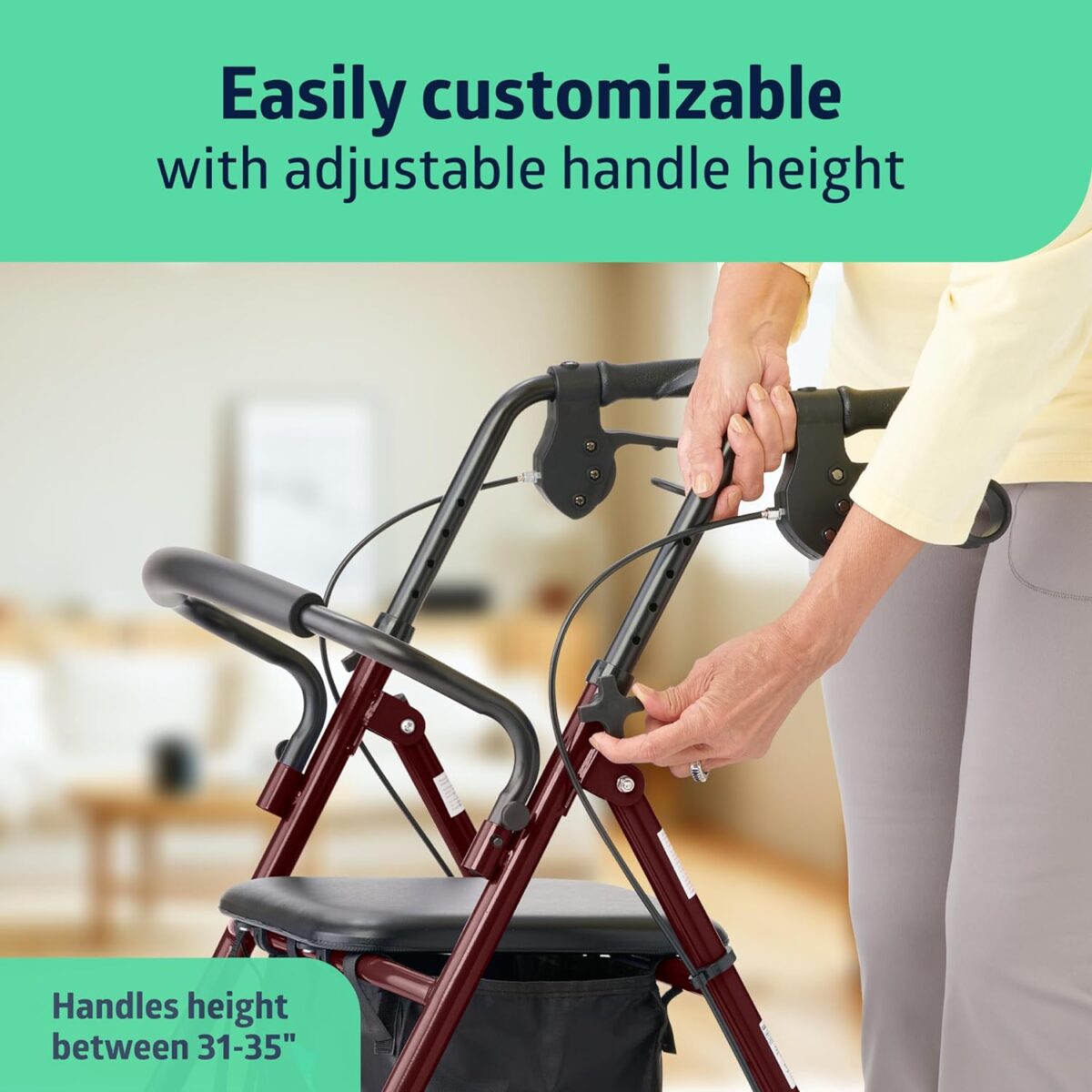 Medline Steel Rollator Walker for Adult Mobility Impairment, Burgundy, 350 lb. Weight Capacity, 6” Wheels, Foldable, Adjustable Handles, Rolling Walker for Seniors - Image 3