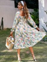 Amegoya Women's Boho Flowy Long Sleeve Square Neck Floral Midi Dress Smocked Spring Fall Wedding Guest Dresses - Image 4