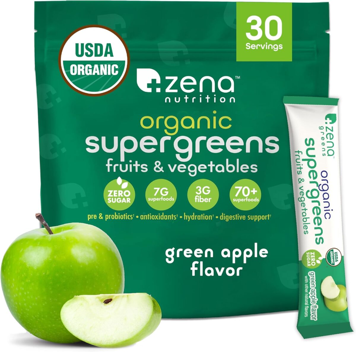 Zena Nutrition Organic Supergreens On-The-Go Powder, 70+ Superfoods, 0 Sugar, 3G Fiber, Spirulina, Chlorella, Antioxidants, Prebiotics/Probiotics, Digestive Enzymes, Green Apple, 30 Drink Mix Packets - Image 1