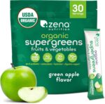 Zena Nutrition Organic Supergreens On-The-Go Powder, 70+ Superfoods, 0 Sugar, 3G Fiber, Spirulina, Chlorella, Antioxidants, Prebiotics/Probiotics, Digestive Enzymes, Green Apple, 30 Drink Mix Packets