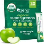 Zena Nutrition Organic Supergreens On-The-Go Powder, 70+ Superfoods, 0 Sugar, 3G Fiber, Spirulina, Chlorella, Antioxidants, Prebiotics/Probiotics, Digestive Enzymes, Green Apple, 30 Drink Mix Packets