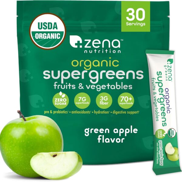 Zena Nutrition Organic Supergreens On-The-Go Powder, 70+ Superfoods, 0 Sugar, 3G Fiber, Spirulina, Chlorella, Antioxidants, Prebiotics/Probiotics, Digestive Enzymes, Green Apple, 30 Drink Mix Packets
