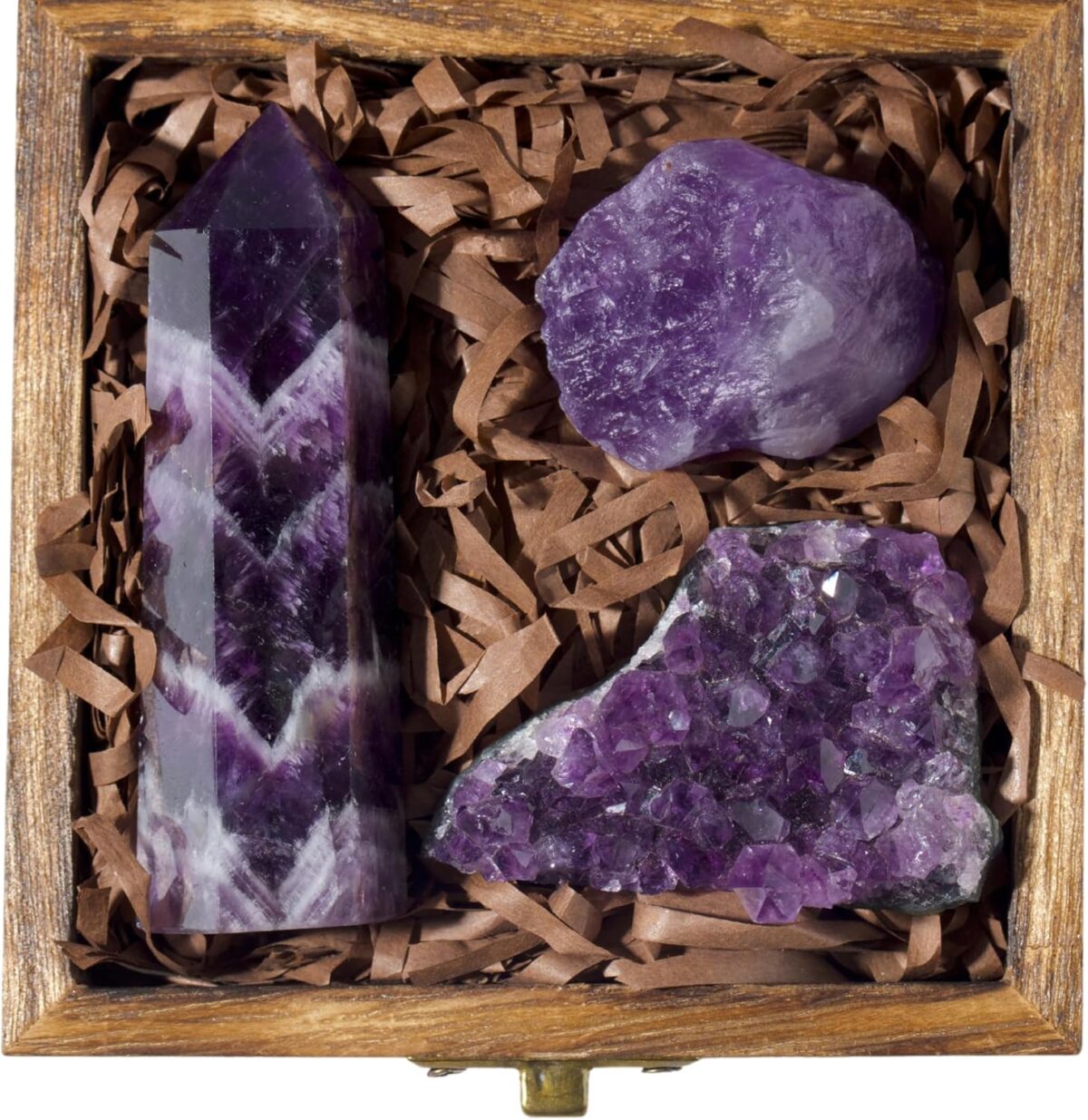 Premium Amethyst Crystal Set – Amethyst Crystal Tower, Cluster and Raw Crystal - Large Crystals and Healing Stones in Wooden Box - Ideal Spiritual Gifts for Women for Meditation, Peace and Sleep - Image 1