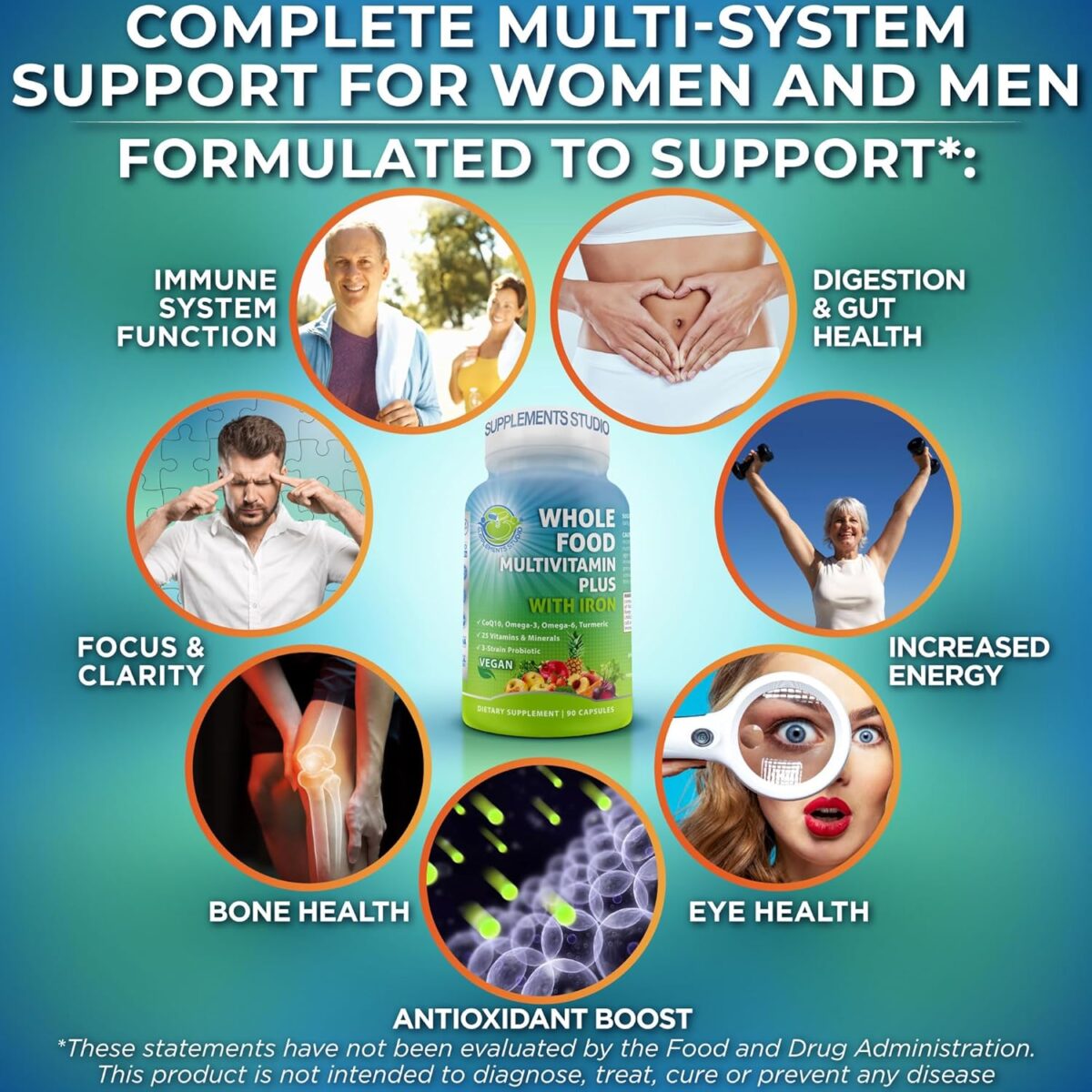 Vegan Whole Food Multivitamin with Iron, Daily Multivitamin for Women and Men, Made with Fruits & Vegetables, B-Complex, Probiotics, Enzymes, CoQ10, Omegas, Turmeric, Non-GMO, 90 Count - Image 3