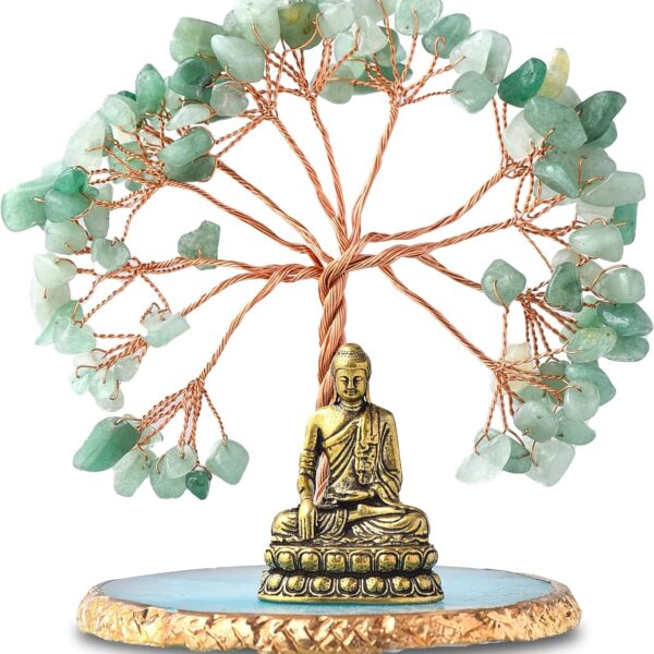 Buddha Statue with Healing Crystal Tree, Tree of Life for Positive Energy. Home Decor Yoga Meditation. Green.(B)