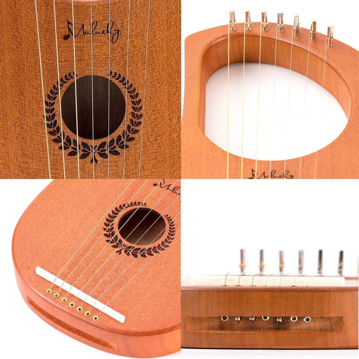 Lyre Harp Mulucky 7 Metal Lyre Steel String Bone Saddle Mahogany Lyre Instrument with Tuning Wrench and Black Gig Bag - MLH701 - Image 5