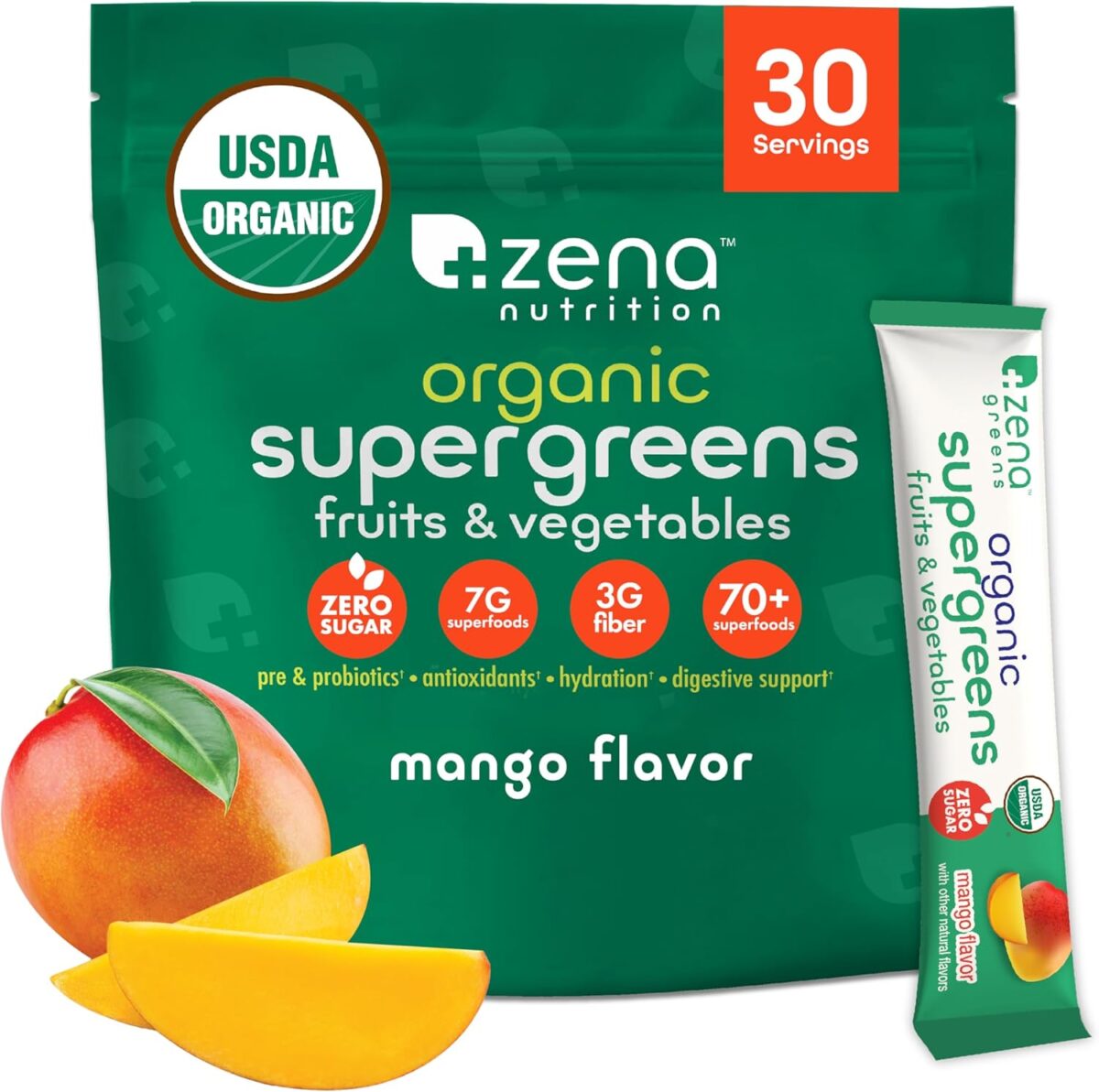 Zena Nutrition Organic Supergreens On-The-Go Powder, 70+ Superfoods, 0 Sugar, 3G Fiber, Spirulina, Chlorella, Antioxidants, Prebiotics/Probiotics, Digestive Enzymes, Mango, 30 Drink Mix Packets - Image 1