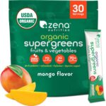 Zena Nutrition Organic Supergreens On-The-Go Powder, 70+ Superfoods, 0 Sugar, 3G Fiber, Spirulina, Chlorella, Antioxidants, Prebiotics/Probiotics, Digestive Enzymes, Mango, 30 Drink Mix Packets