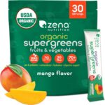 Zena Nutrition Organic Supergreens On-The-Go Powder, 70+ Superfoods, 0 Sugar, 3G Fiber, Spirulina, Chlorella, Antioxidants, Prebiotics/Probiotics, Digestive Enzymes, Mango, 30 Drink Mix Packets
