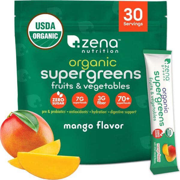 Zena Nutrition Organic Supergreens On-The-Go Powder, 70+ Superfoods, 0 Sugar, 3G Fiber, Spirulina, Chlorella, Antioxidants, Prebiotics/Probiotics, Digestive Enzymes, Mango, 30 Drink Mix Packets