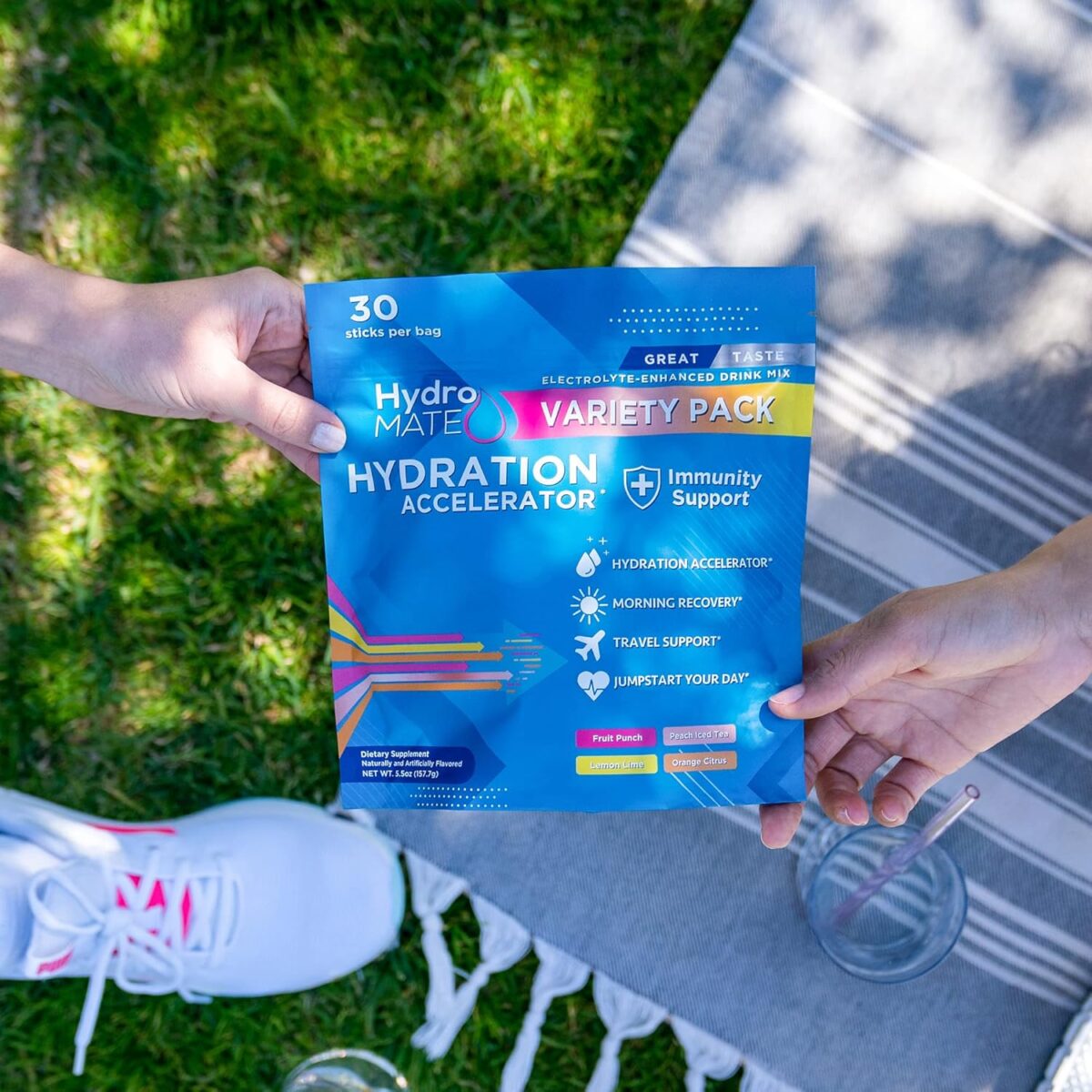 HydroMATE Electrolytes Powder Packets Low Carb Hydration Accelerator Drink Mix Party Relief Plus Vitamin C Variety Pack 16 Sticks - Image 2