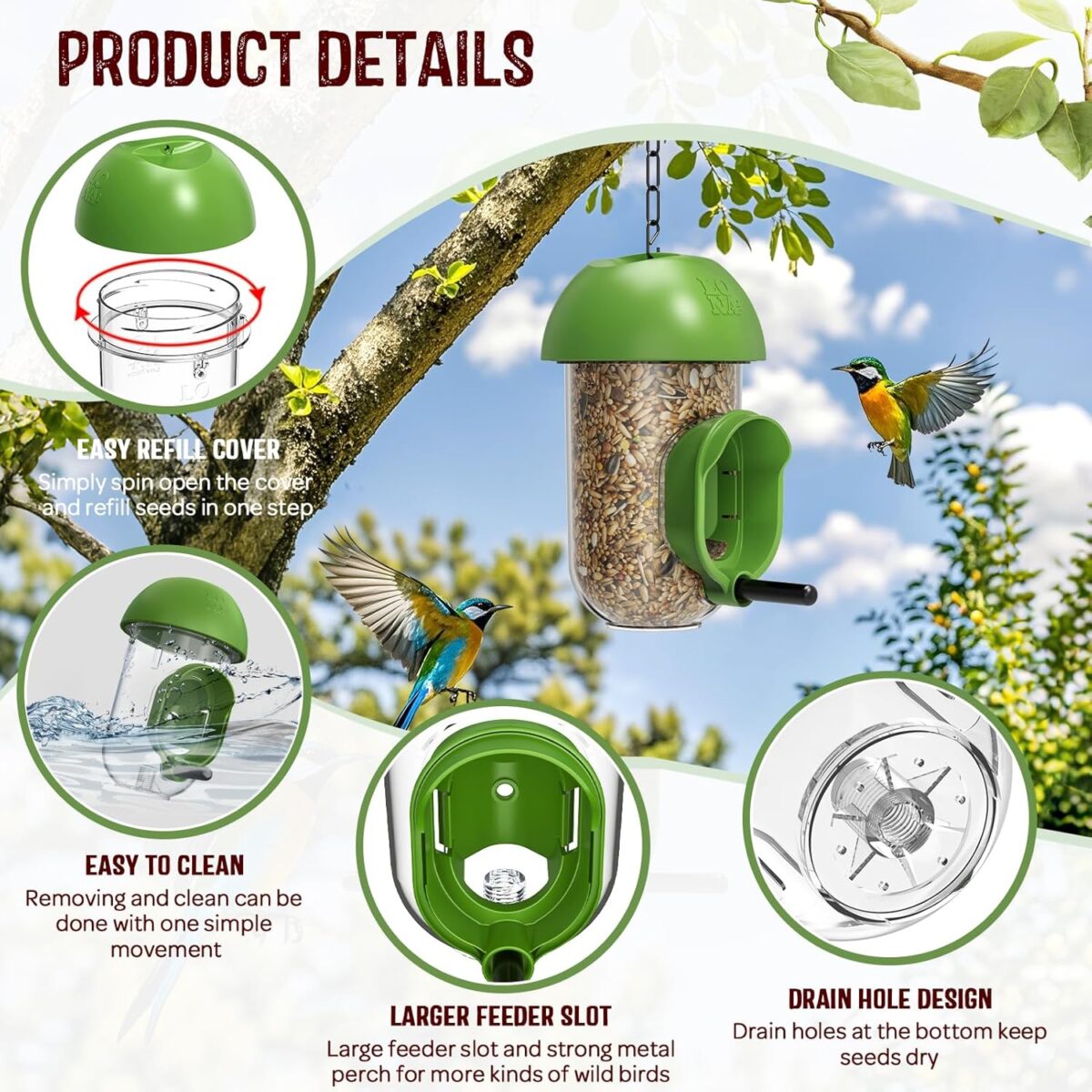 LONA Bird Feeders for Outdoors, Tube Birds Feeder Weatherproof with Multiple Hanging Methods, Wild Feeding Silo for Outside, 1 Port - Image 3